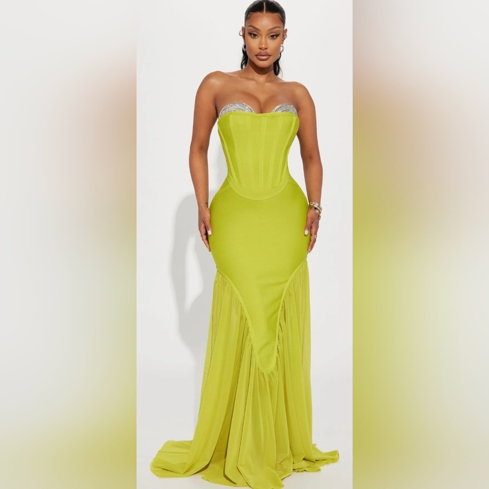 Fashion Nova Strapless Lime Dress with Silver Accents